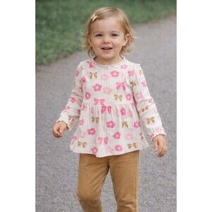 Toddler Girl Outfit Set 2 Pc Long Sleeve Floral Bow Shirt Tan Pants Fall Clothes